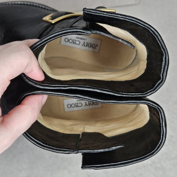 Jimmy Choo Black Biker Leather Unlined Belted Boots BKU 247 with Box Size 37/6.5 - Picture 9 of 10